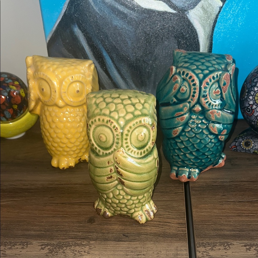 EARTHBOUND Yellow, Green, and Teal Owl Figurines